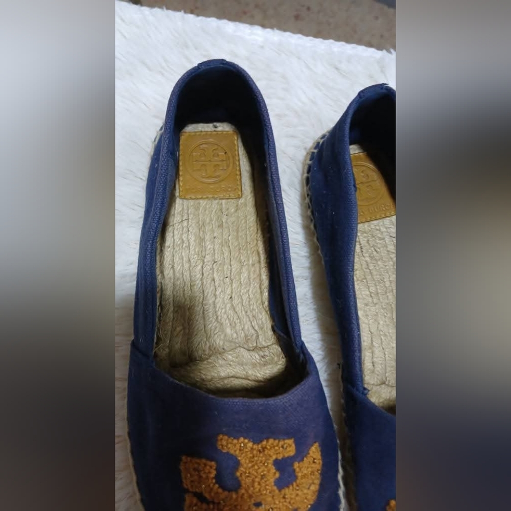 TORY BURCH Women's Elisa Blue Golden Fry Canvas Embroidered Espadrilles SZ 11M - Picture 4 of 9